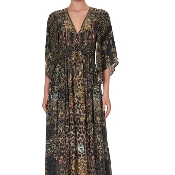 CAMILLA Long Dress With Smocked Waist Bell Sleeves *Abingdon Palace* 100% Silk - Picture 3 of 16